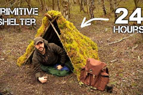 24 HOURS: Sleeping in Primitive Bushcraft Shelter | Surviving on Military MRE Rations