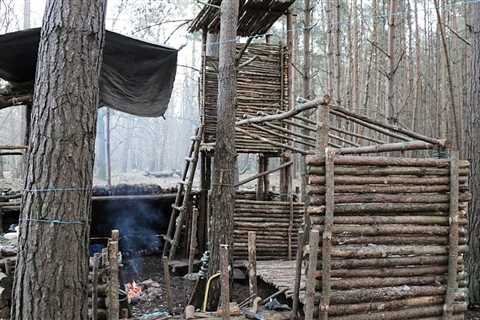 Bushcraft Camp with Watch Tower: Off Grid Shelter Build