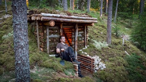 Building My BEST DUGOUT EVER - ALONE into Wild Forest - Bushcraft Moss PILLOW - Badger Came - 4K