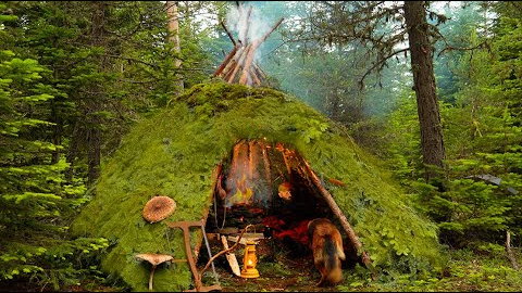 Nailless, Survival Shelter Building making - Open fire system inside the shelter - SOLO WILD CAMP