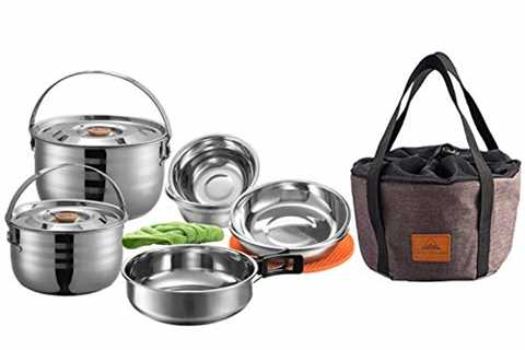 CAMPINGMOON Stainless Steel Outdoor Camping Nesting Mess Kit Cookware Set Pots Pans with Storage..