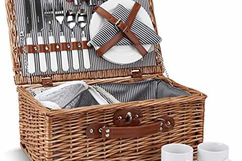 Picnic Basket for 2, Willow Hamper Set with Insulated Compartment, Handmade Large Wicker Picnic..