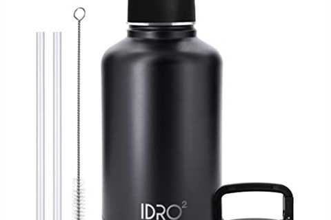 IDRO2 64 oz insulated water bottle with straw, spout and wide mouth lids - Stainless steel. Double..