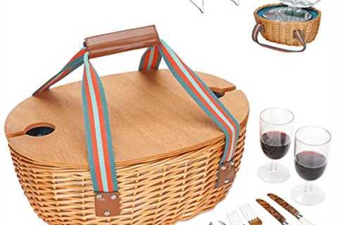 STBoo Picnic Basket for 2, Insulated Wicker Hamper with Folding Table, Willow Picnic Baskets Set..