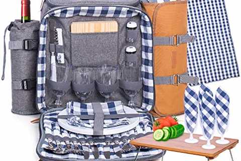 Family Picnic Backpack for 4 - Picnic Backpack for 4 with Folding Table, Insulated Cooler..